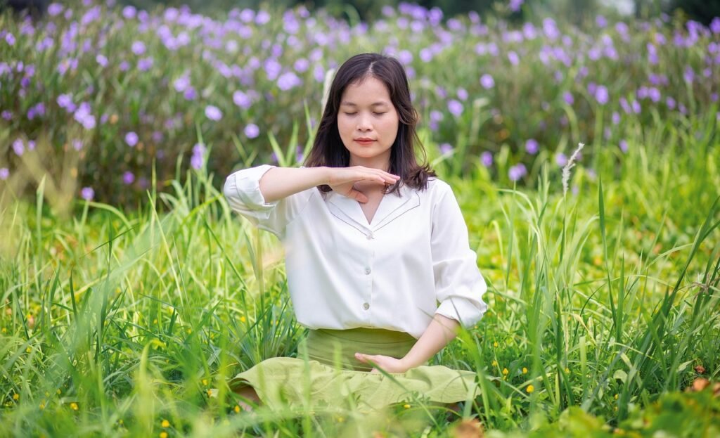 woman, meadow, nature, grass, meditate, peace
