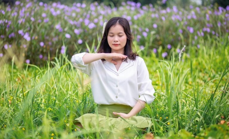 woman, meadow, nature, grass, meditate, peace